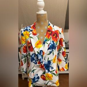 NYCC White Floral Blazer Jacket Colorful Flower Print Lightweight